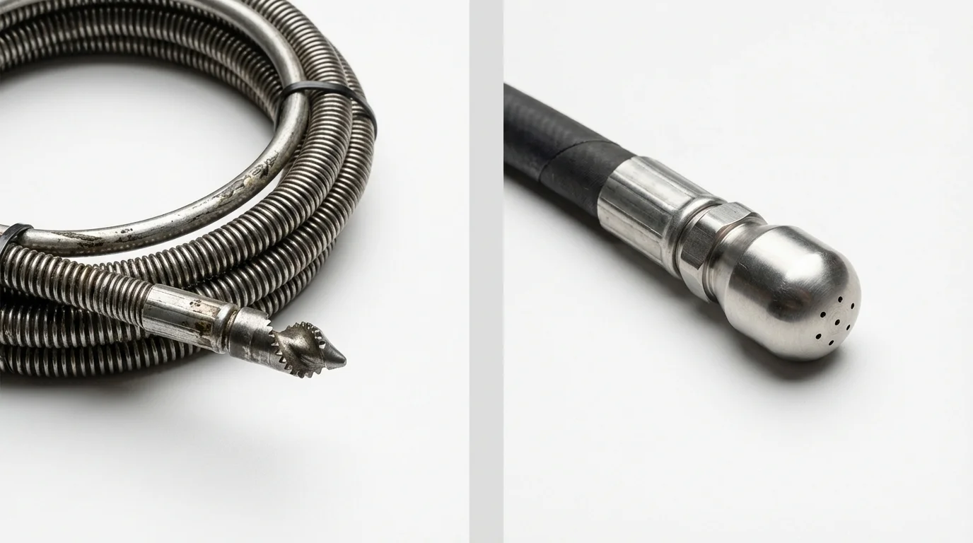 Drain snake cable and hydro jetting nozzle used for drain cleaning in Saline, MI