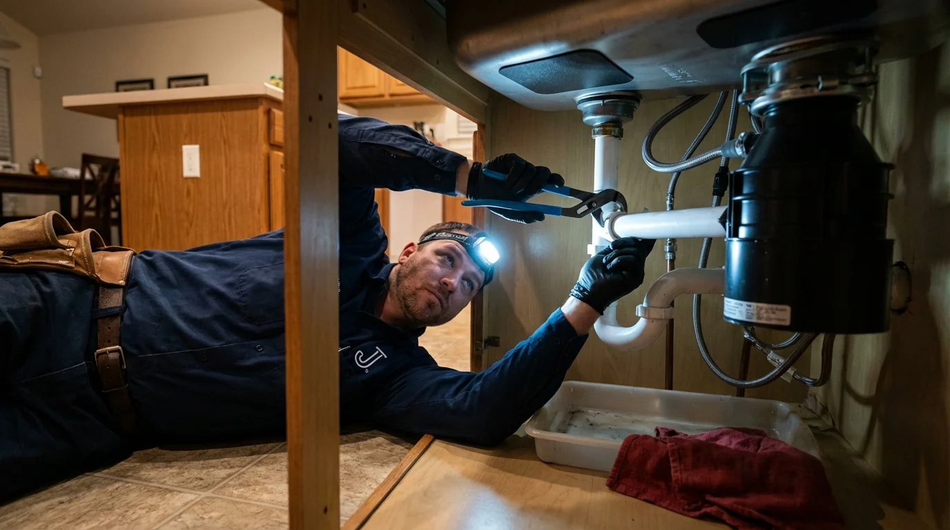 P-trap and supply line connections under a kitchen sink showing a common leak point in Saline, MI